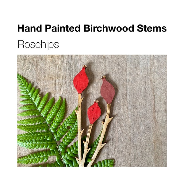 Wooden Flowers - A Hand Painted Birchwood Rosehip Stem