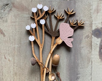 Wooden Flowers. Cow Parsley, Berries, and Poppy Stem in Soft Winter Tones