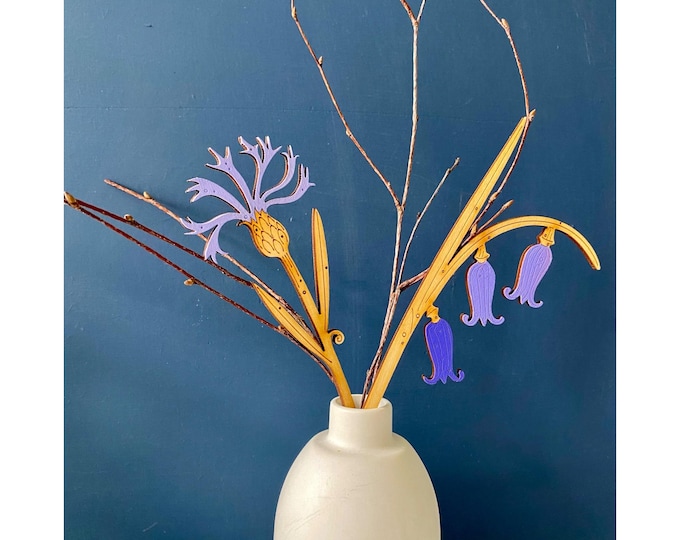 Wooden Flowers - Hand Painted Bluebell and Cornflower Stems