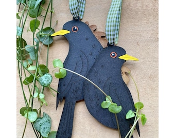 Wooden Decorations - A Pair of Hand Painted Blackbird Decorations