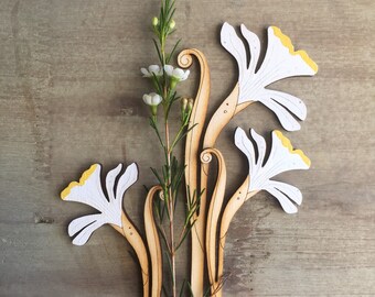 Wooden Flowers. Beautiful Hand Painted Birchwood Flowers - A Set of Spring Daffodils