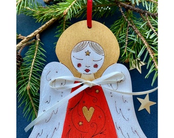Wooden Christmas Decorations - A Hand Painted Angel Decoration (Red)