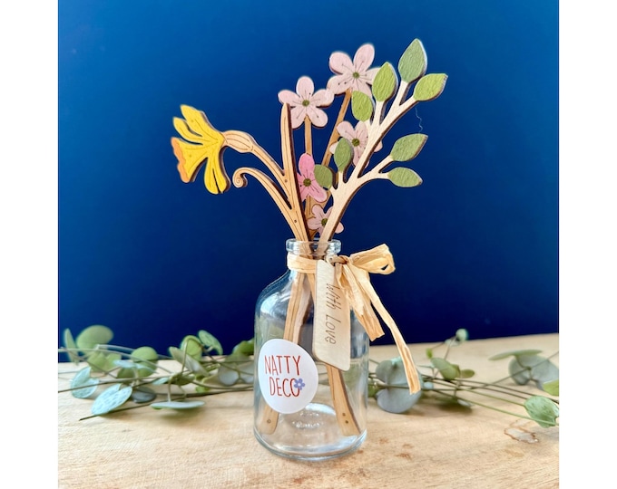 Mini Wooden Flowers - Daffodil and Blossom Gift Set with Bud Vase