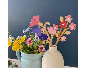 Wooden Flowers - A Hand Painted Sweet Pea Stem with a Pink Forget me Not