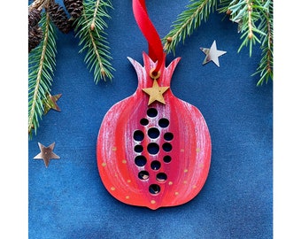 Wooden Christmas Decorations - A Hand Painted Pomegranate