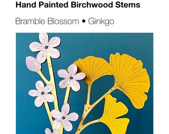 Wooden Flowers - A Hand Painted Birchwood Ginkgo Leaf Stem with a Sprig of Bramble Blossom