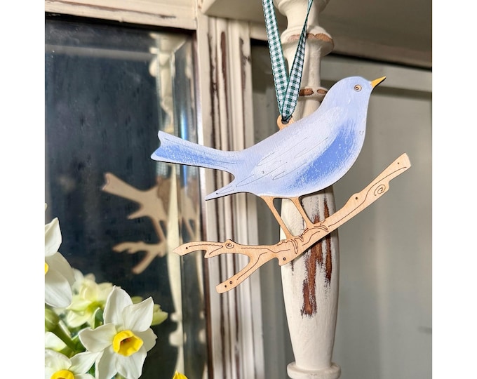 A Pretty Wooden Song Bird Decoration in Powder Blue