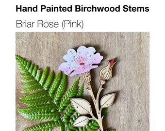 Wooden Flowers - A Hand Painted Birchwood Wild  Briar Rose Stem (Pink)