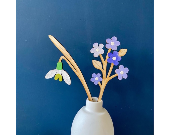 Wooden Flowers - A Hand Painted Snowdrop Stem with a Powder Blue Forget me Not