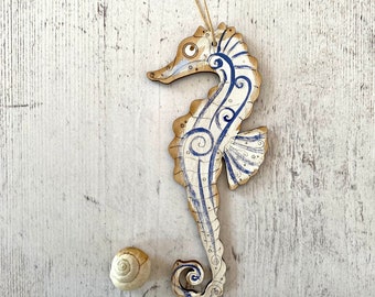 Seahorse - A Pretty Birchwood Seahorse Decoration in Blue and White Finish