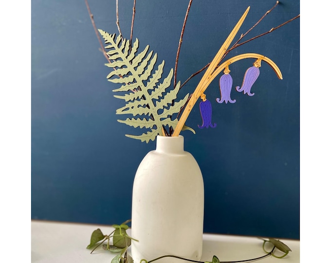 Wooden Flowers - A Hand Painted Fern with a Bluebell Stem