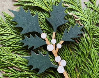 A Single Sprig of Beautiful Hand Painted Birchwood Holly in Deep Spruce Green with White Berries