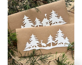Paper - Cut Cards: Fir Trees with Hare and Cabin Design
