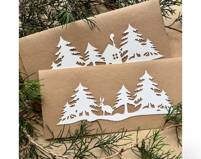 Paper - Cut Cards: Fir Trees with Hare and Cabin Design