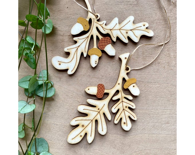 Wooden Decorations  - A  Pair of Hand Painted Oak Leaf Decorations