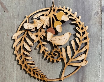 Songbird Rondel Hand Painted Decoration With Oak and Acorn Embellishment