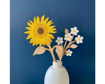 Wooden Flowers - A Hand Painted Sunflower Stem with a White Forget me Not