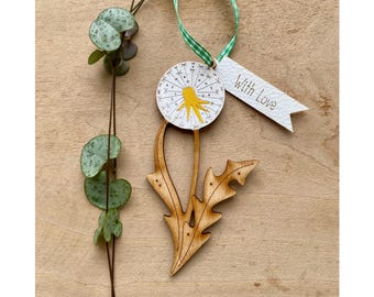 Wooden Flowers - A Dandelion Clock Decoration with Gift Tag (Green Ribbon)
