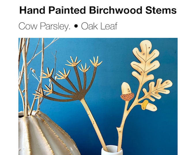 Wooden Flowers - A Hand Painted Cow Parsley Stem with an Autumnal Oak Leaf