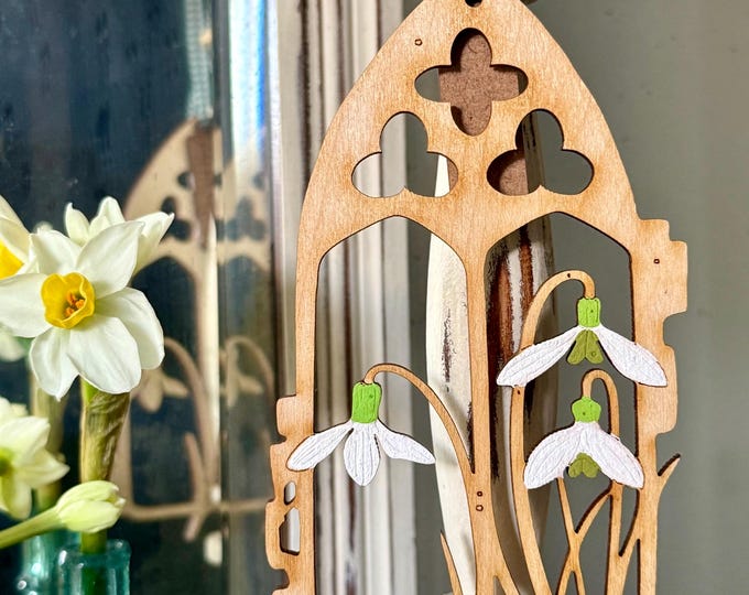 Snowdrop Gifts - A Gothic Window with Hand Painted Snowdrops Wooden Decoration
