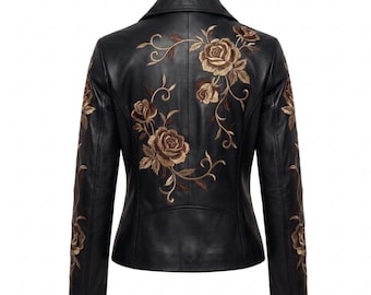 Women’s Handmade Embroidered Leather Jacket, Floral Embroidery Real Leather Personalized Coat