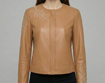 Women’s Embroidered Leather Jacket | Handmade Genuine Lambskin Jacket | Custom Slim Fit Luxury Outerwear