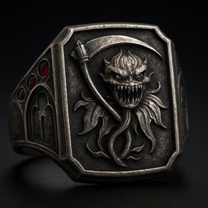 May include: A detailed, antique-style ring with a grim reaper design. The ring features a central embossed image of a demonic face with a scythe, surrounded by floral elements. The ring has a dark, aged metal finish and red gemstone accents.
