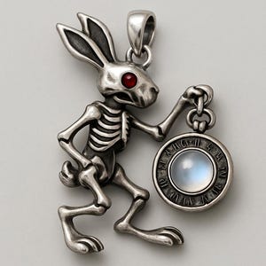 May include: A silver pendant featuring a skeletal rabbit holding a round charm. The rabbit has red eyes and the charm has a moonstone center. The charm is encircled by an engraved design. The pendant is designed with intricate details.