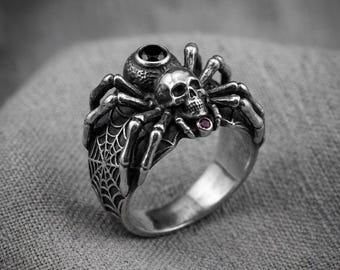 Gothic Spider Skull Ring with Black and Red Stones Silver Insect Band