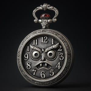 Könnte beinhalten: Eine silberne Taschenuhr mit einem einzigartigen, stilisierten Zifferblatt mit großen Augen, einem grimmigen Mund und dekorativen Elementen. Die Uhr hat eine Krone mit einem roten Edelstein und ein aufwendiges Design. Die Zahlen sind in einer klassischen Schriftart.