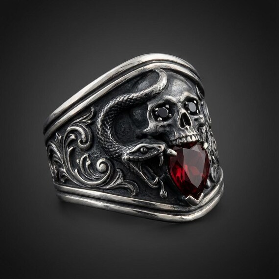 Gothic Skull Snake Ring Sterling Silver with Red Garnet Poison Apple Statement Ring