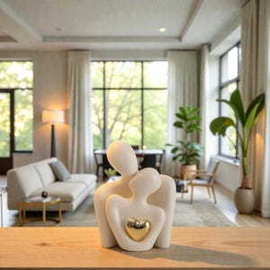 Può includere: Una scultura in ceramica bianca raffigurante due figure che si abbracciano con un cuore d'oro al centro. La scultura è su una superficie di legno, con un soggiorno sullo sfondo.