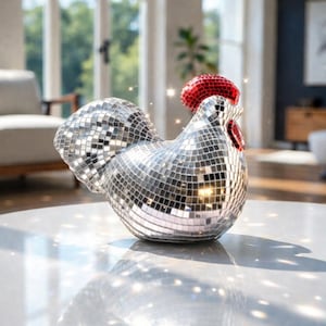 May include: A decorative rooster figurine covered in mirrored tiles. The rooster has a red comb and wattle, and the body is made of small, reflective squares. The figurine is placed on a white surface.