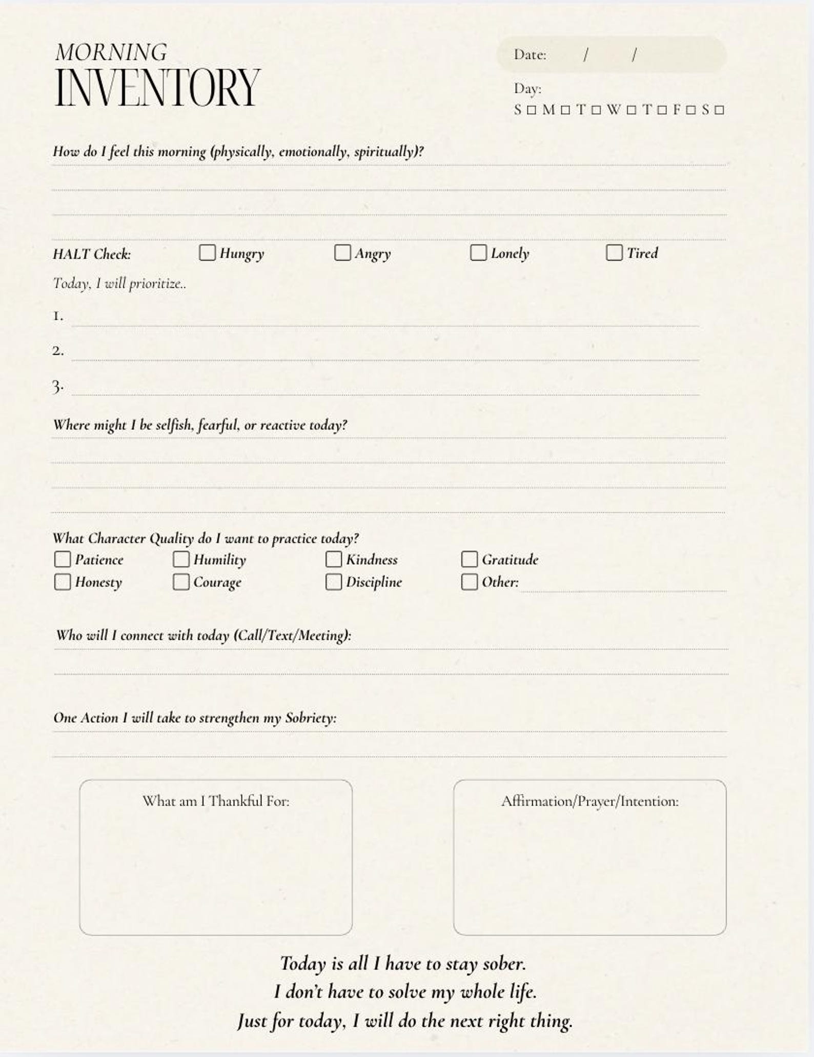 Daily Sobriety Morning & Nightly Inventory PDF | AA Step 10 Journal ...