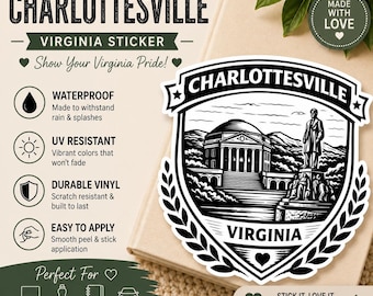 Charlottesville Virginia Sticker – UVA Inspired College Town Crest Decal | Minimal Rotunda Skyline Vinyl for Laptop Water Bottle Car