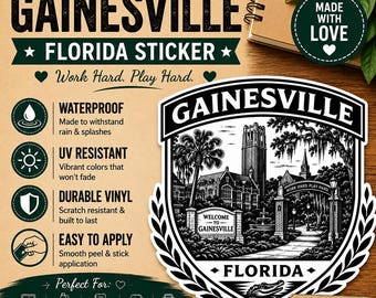 Gainesville Florida Skyline Sticker – Minimalist Waterproof Vinyl Decal (Laptop, Water Bottle)