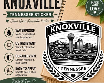 Knoxville TN Sticker – Tennessee College Town Crest Decal – Minimalist Vinyl Laptop Water Bottle Sticker