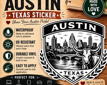 Austin TX Sticker – College Town Crest Decal – Minimalist Vinyl Laptop Water Bottle Sticker