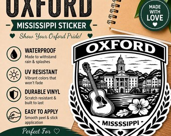 Oxford MS College Town Sticker | Southern Campus Vinyl Decal (Waterproof)