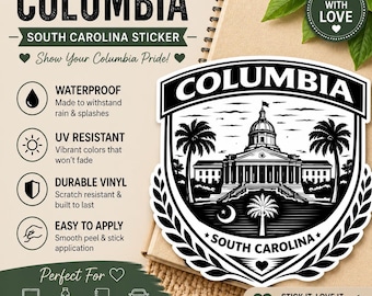 Columbia SC Sticker – South Carolina College Town Crest Decal – Minimalist Vinyl Laptop Sticker