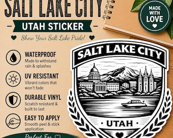 Salt Lake City Crest Sticker – Utah Skyline Vinyl Decal, College Pride Laptop Car Sticker