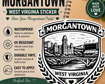 Morgantown WV Crest Sticker – Town Vinyl Decal – West Virginia Laptop Water Bottle Car Sticker