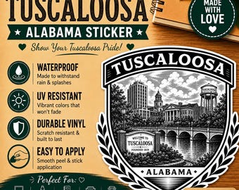Tuscaloosa AL College Town Sticker | Minimalist Campus Crest Vinyl Decal (Waterproof)
