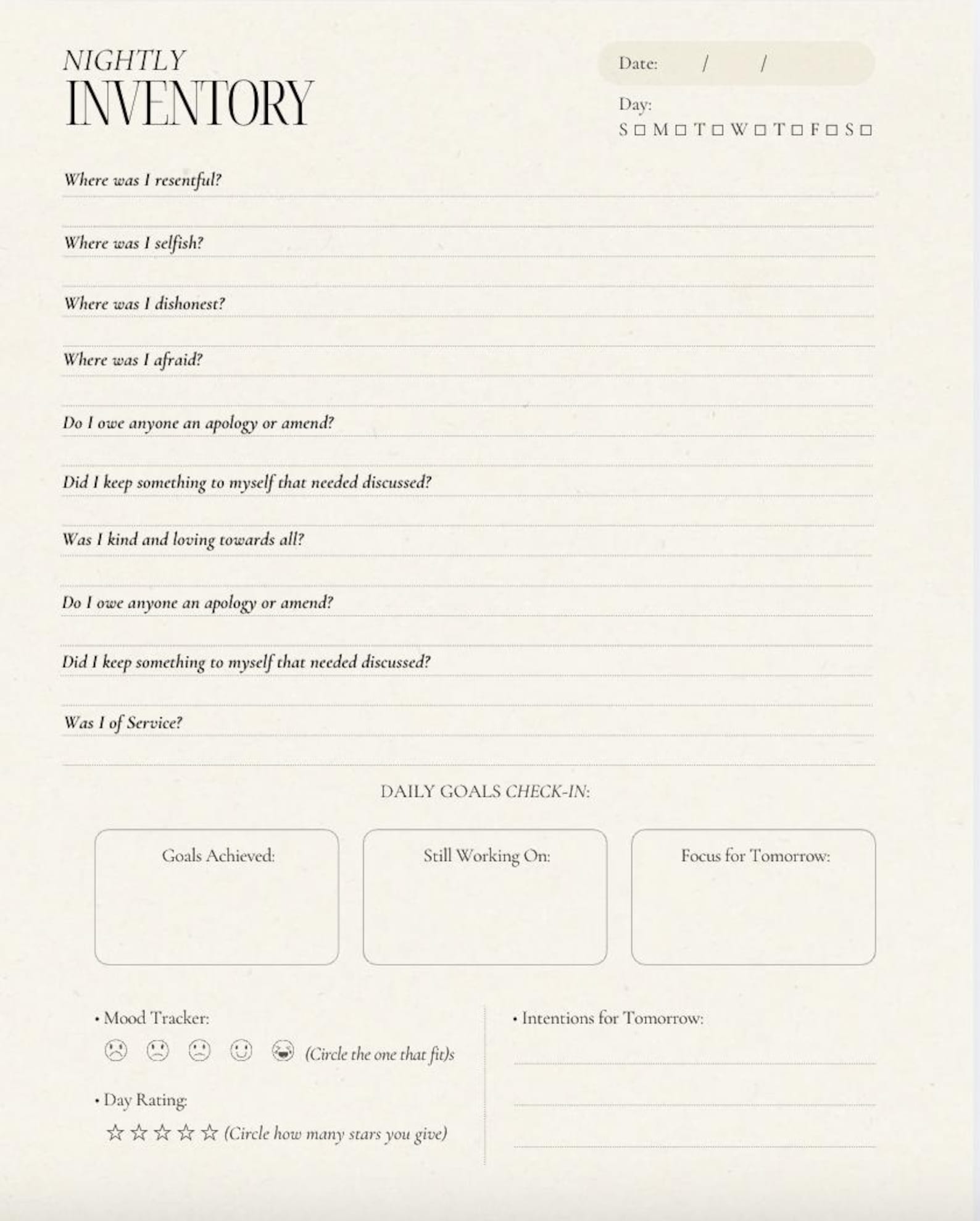 Daily Sobriety Morning & Nightly Inventory PDF | AA Step 10 Journal ...