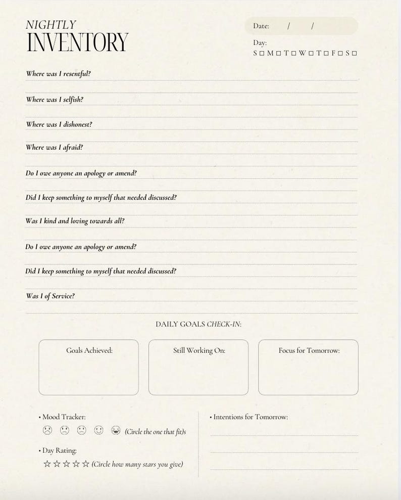 Daily Sobriety Morning & Nightly Inventory PDF | AA Step 10 Journal ...