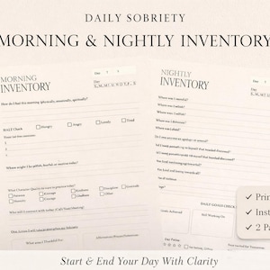 Può includere: Un PDF stampabile con un inventario mattutino e serale per la sobrietà quotidiana. Le pagine includono suggerimenti per l'autoriflessione e la definizione degli obiettivi. Il testo sulla pagina recita "Inizia e termina la tua giornata con chiarezza."