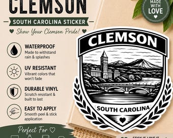 Clemson SC Sticker – College Town Crest Vinyl Decal – Minimalist CU Alumni Laptop Water Bottle