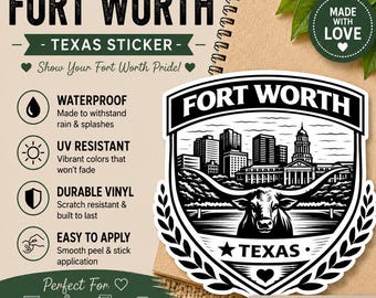 Fort Worth TX Sticker – Minimalist College Town Crest Decal (Waterproof Vinyl)
