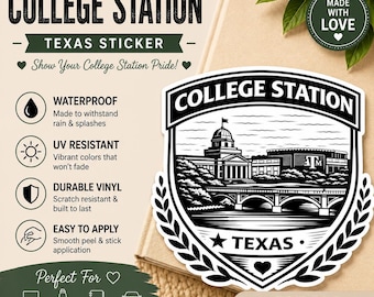 College Station TX Sticker – Minimalist Aggie Crest Decal (Waterproof Vinyl)