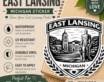 East Lansing MI College Town Sticker | Minimal Campus Crest Vinyl Decal (Waterproof)